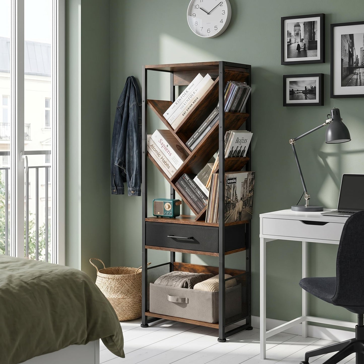 ruboka Tree Bookshelf with Side Table, Tall Bookcase with Storage Cabinet, Floor Standing Modern Narrow Bookshelves Organizer for Bedroom/Living