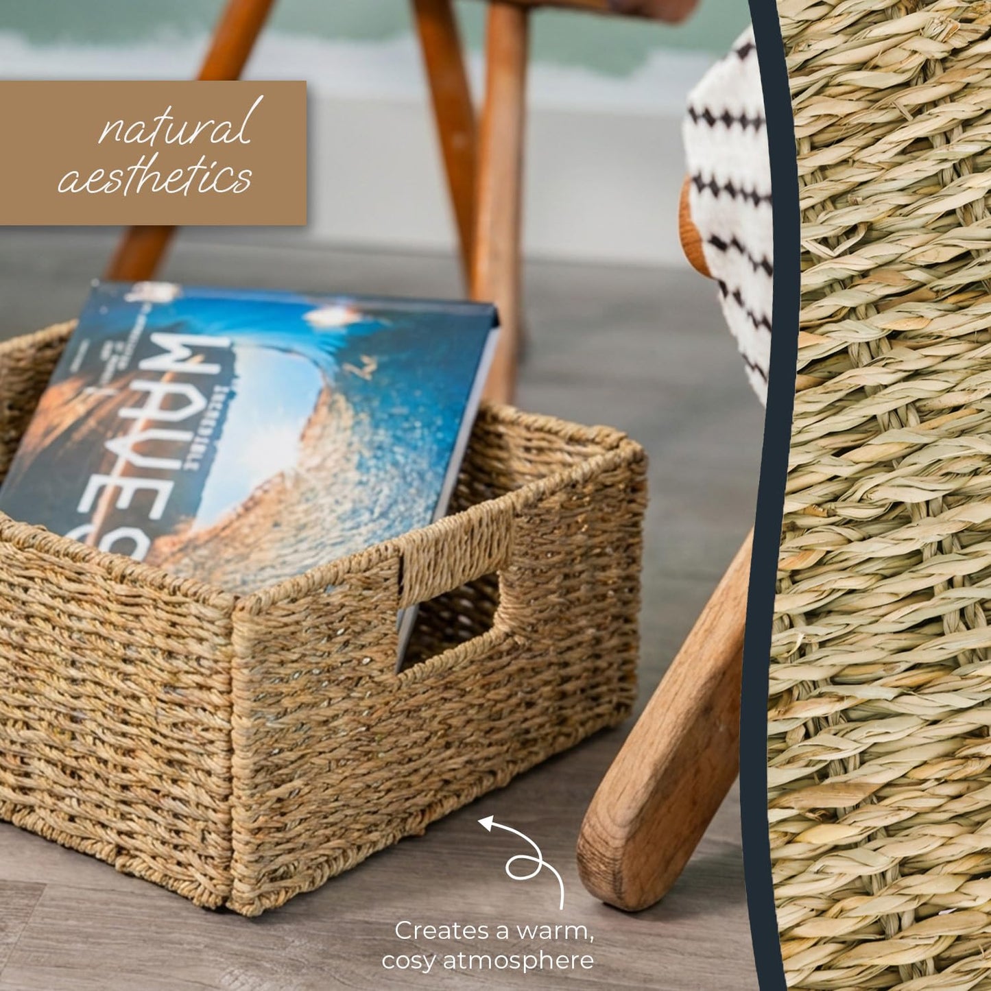 HMF Storage Basket compatible with KALLAX half shelf, basket woven from water hyacinth with handles | Set of 2 | 30 x 34 x 15 cm | Natural