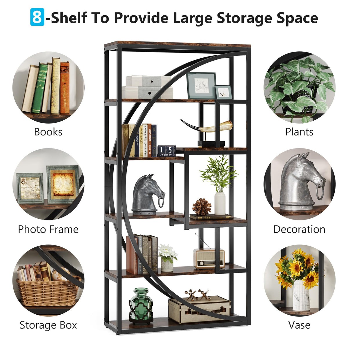 Tribesigns Industrial Bookcase 180 cm Height - 5-Tier Vintage Brown Shelf with 8 Open Compartments, Sturdy Shelf Unit for Living Room / Home Office