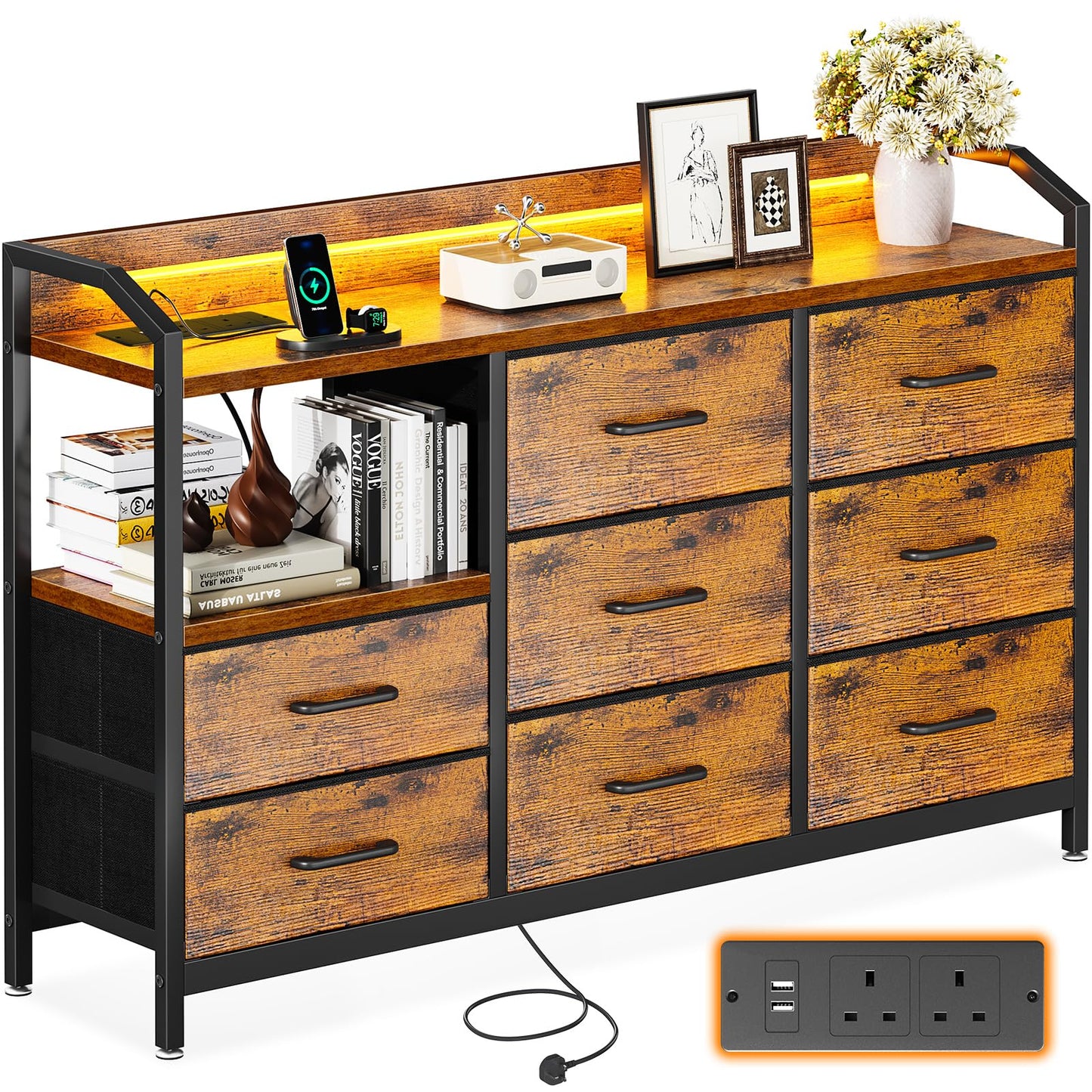 ODK Chest of Drawers Bedroom, 8 Fabric Drawers, 110x30x88cm, Retro Color