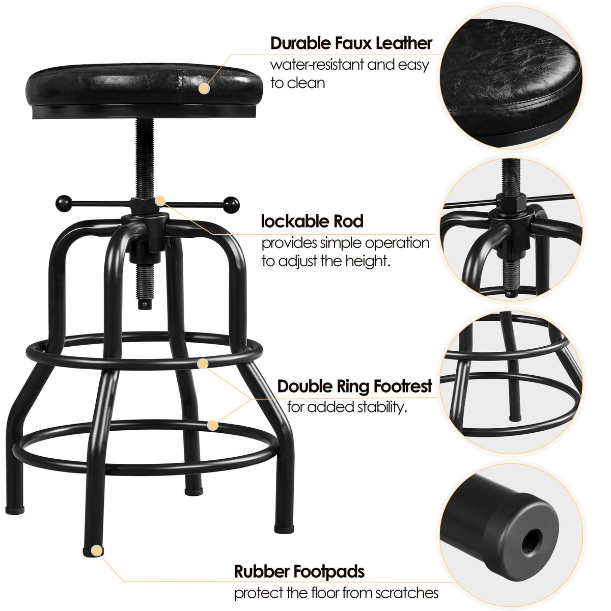 Yaheetech Rustic Round Adjustable Industrial Bar Stools, 1PCS Black