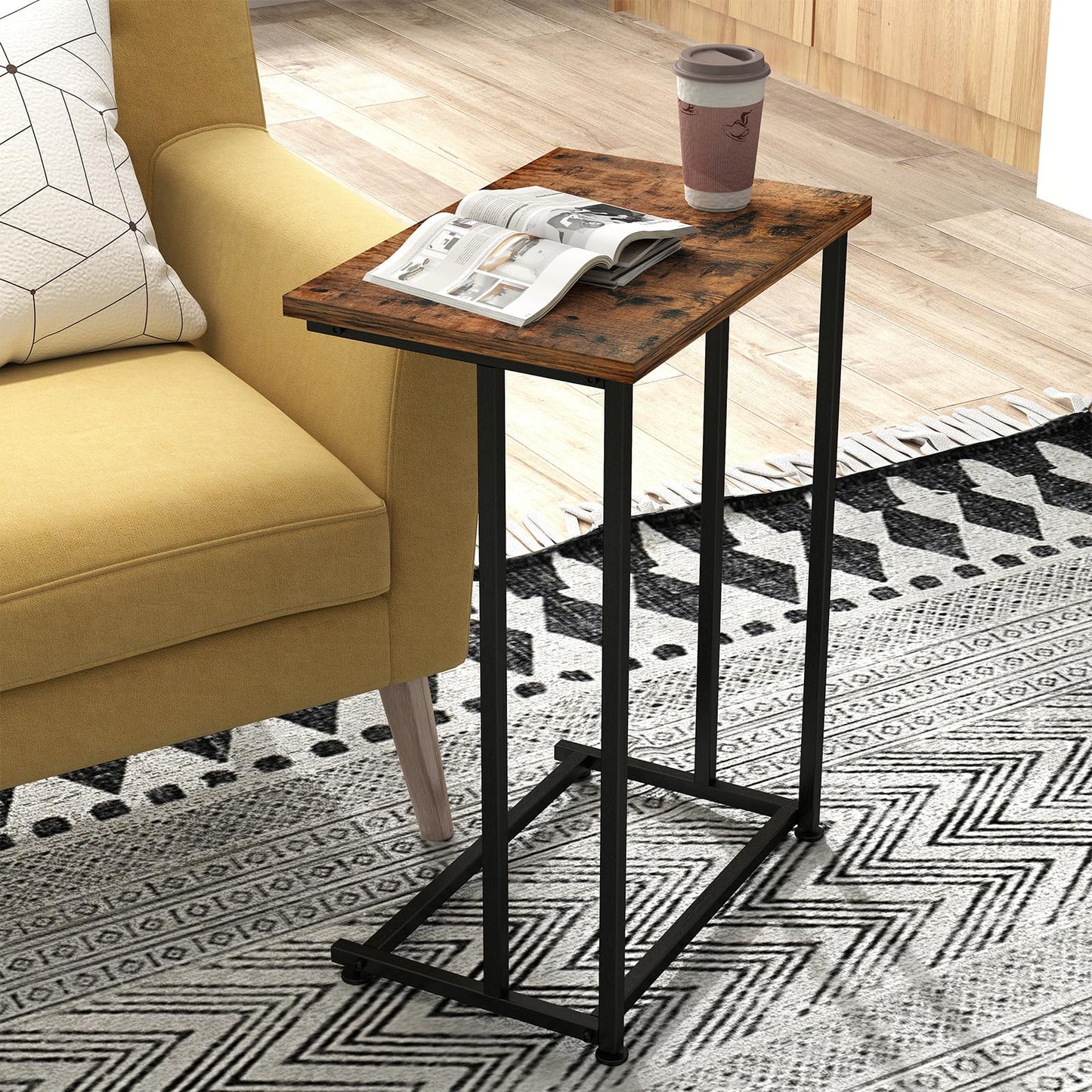 H JINHUI C-Shaped End Table, Sofa Side Table, Mobile Snack Table for Coffee Laptop Tablet, Industrial Style with Metal Frame