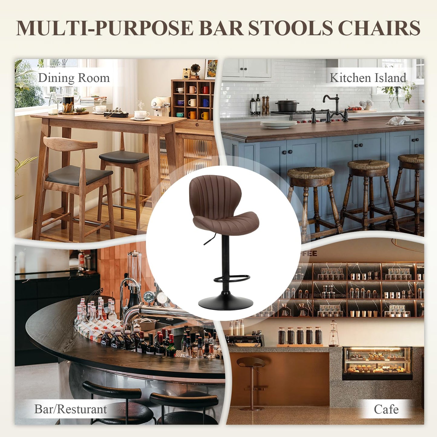 COLAMY Breakfast Bar Stools Set of 4, Modern Swivel Kitchen Bar Chairs, Adjustable PU Leather Upholstered Barstools Counter Height with High Backrest