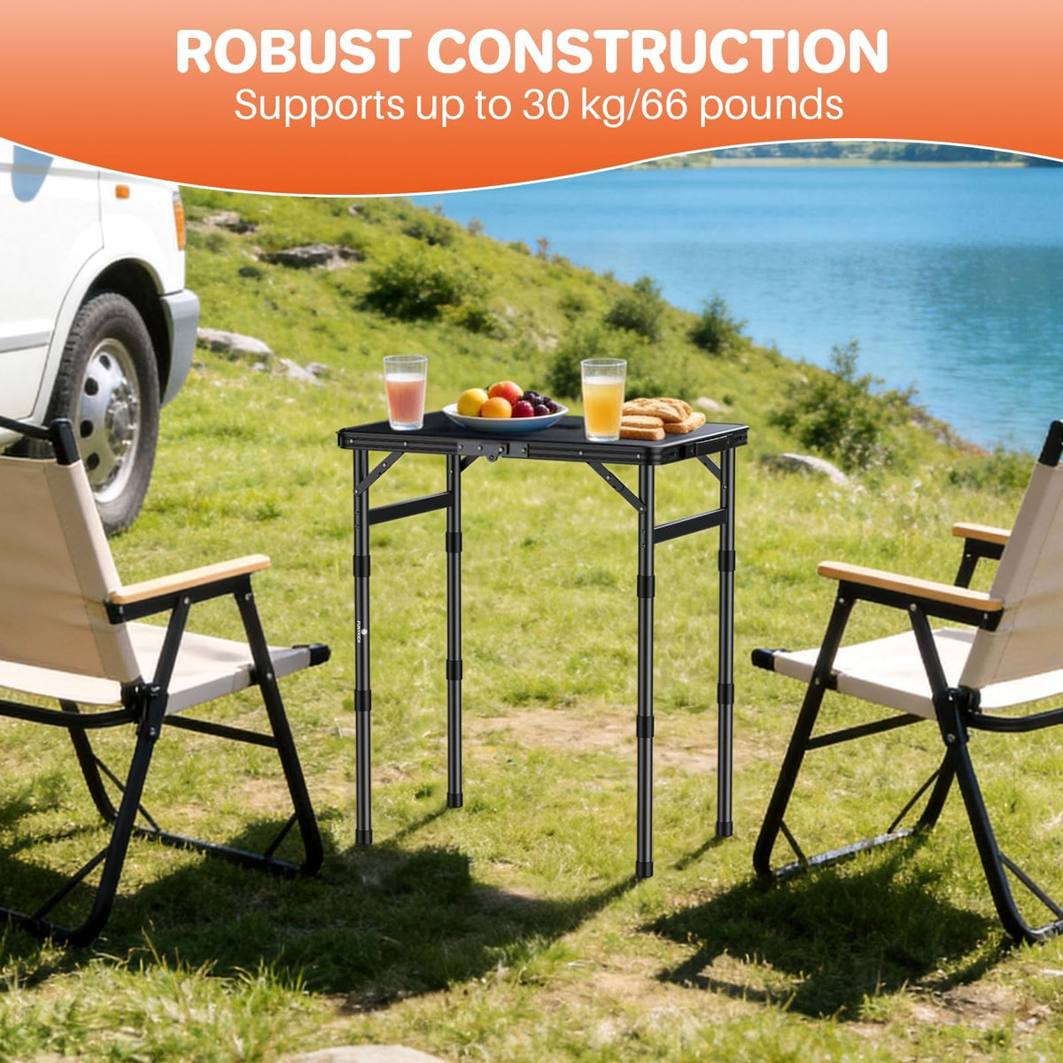 FUNYKICH Camping Table with Plastic Tabletop 58x40cm, 3 Height Adjustable Small Folding Table
