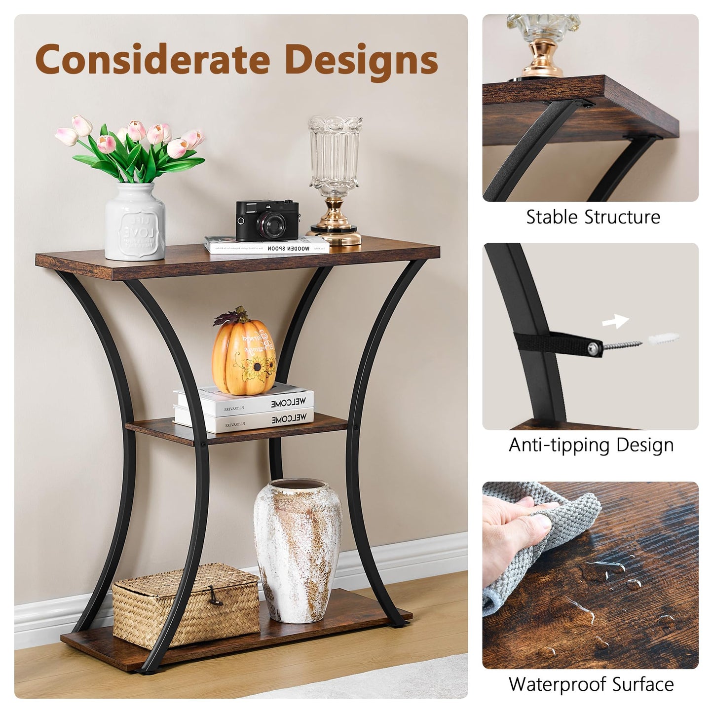 Hoctieon 3 Tier Console Table with Open Wood Shelves, Decorative Entryway Table with Curved Metal Frames, Narrow Sofa Table for Entrance, Living Room