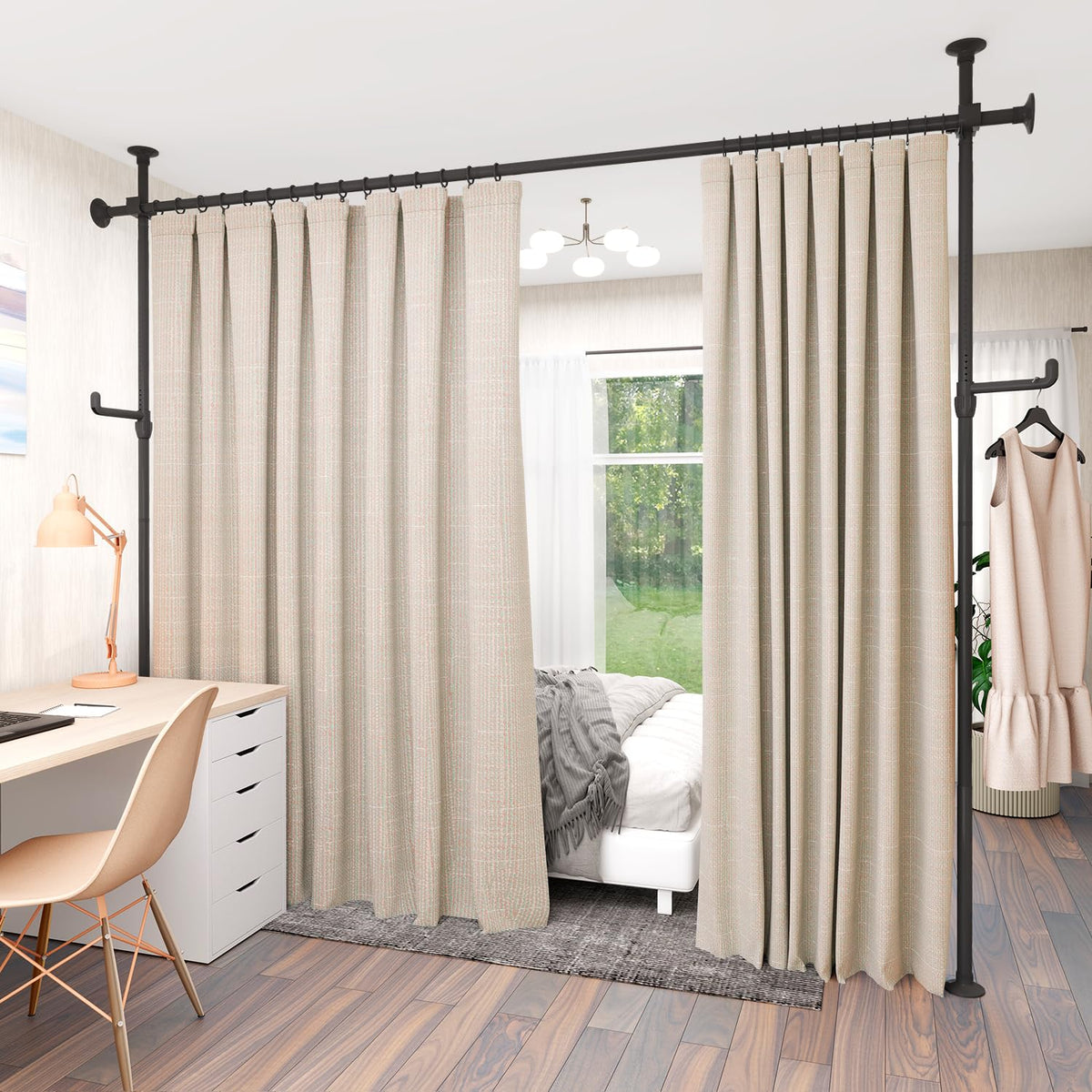 KELIXU Room Divider Curtain Rod No Drilling, 4-10ft (W) x 4-10ft (H) Room Partition with Hanging Hooks, Floor to Ceiling Divider for Room Separation