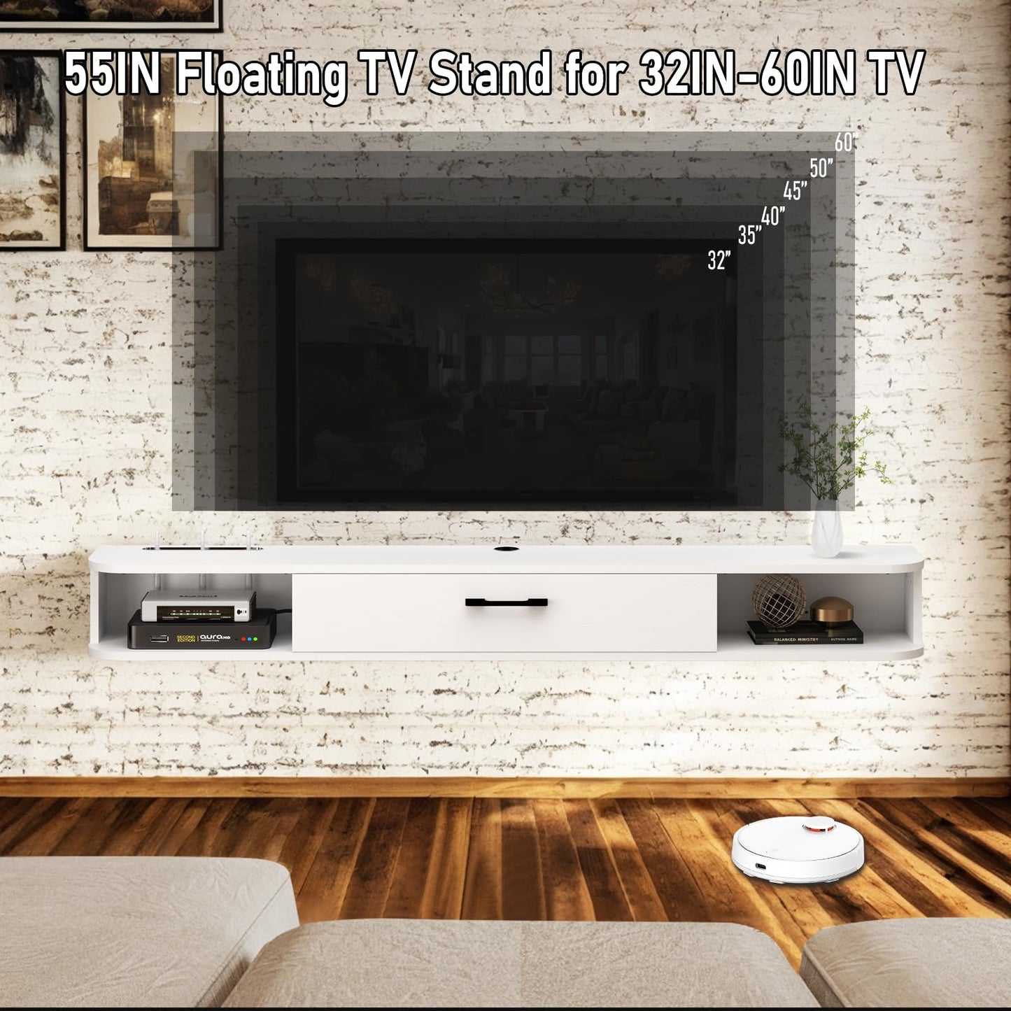 Pmnianhua Floating TV Unit, Wall Mounted TV Cabinet, Floating Shelves with Drawer