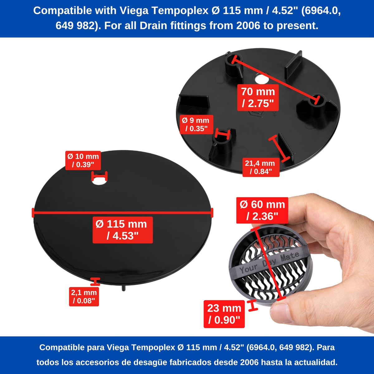 Cover Set with Hair Strainer for Shower Drain, Ø 115 mm, Compatible with Viega Tempoplex Drain from Year of Manufacture 2006