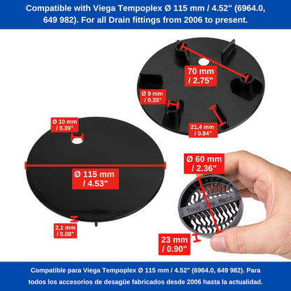 Cover Set with Hair Strainer for Shower Drain, Ø 115 mm, Compatible with Viega Tempoplex Drain from Year of Manufacture 2006