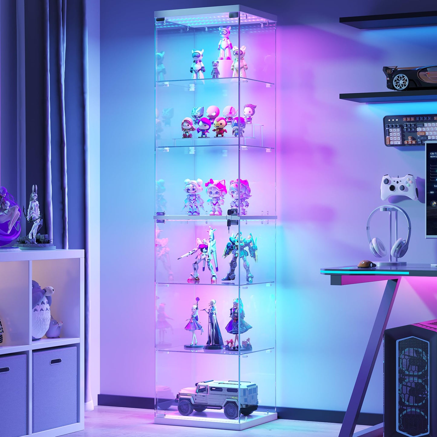 FREDEES Display Cabinet with RGB Lights and Glass Door, 6-Tier, White