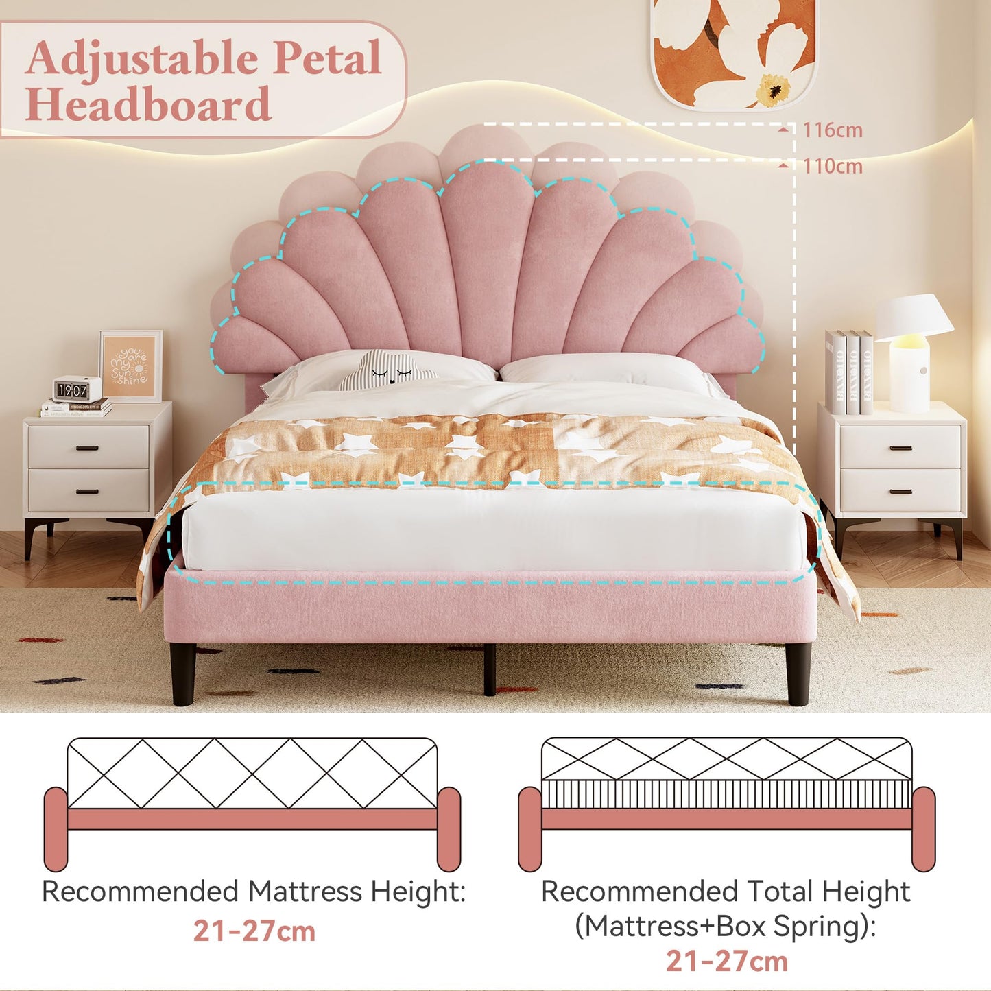 Merax Double bed frame, 4ft6 Double Upholstered Bed, Adjustable Chic Petal Headboard, Sturdy Wooden Slat Support, Velvet Fabric (No Mattress)