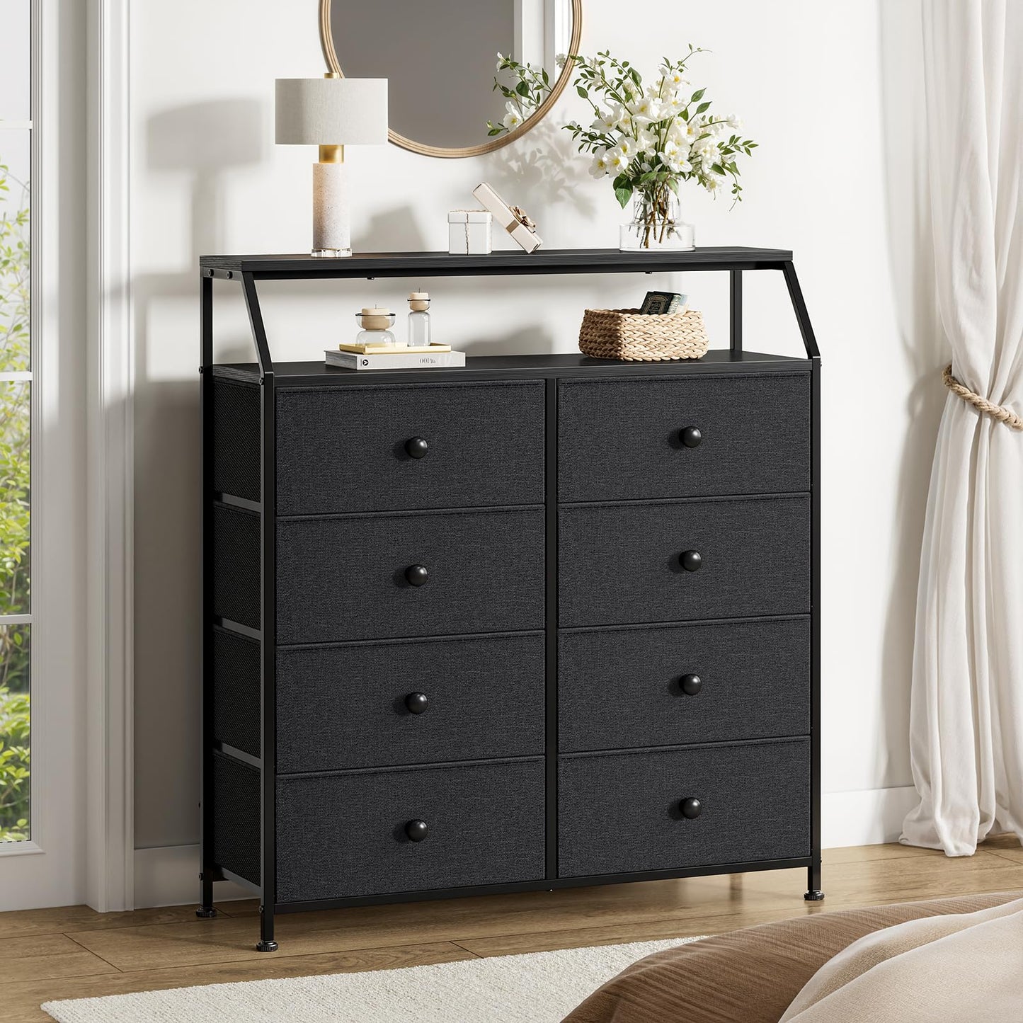 Mossora Black 8 Drawers Chest of Drawers with Open Shelves for Bedroom