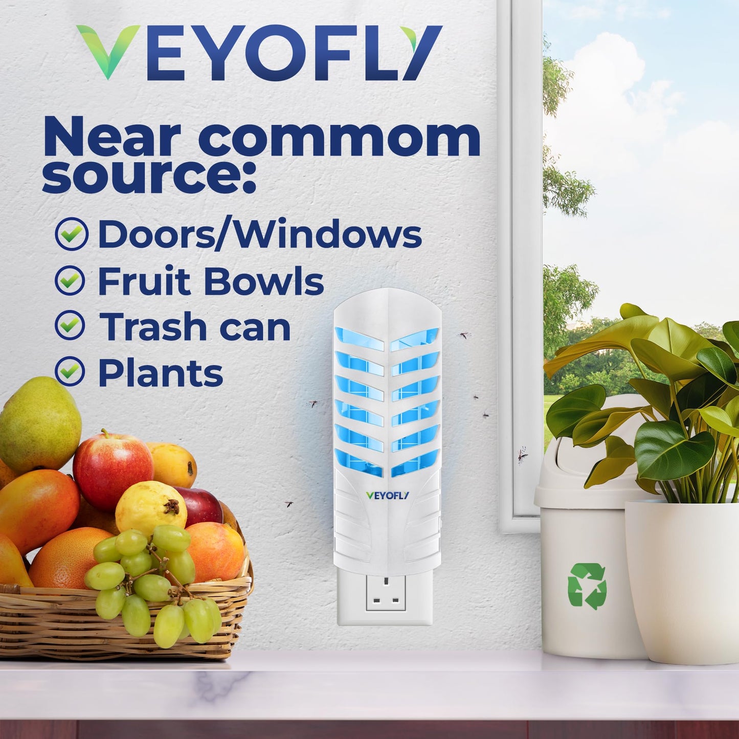 VEYOFLY Fruit Fly Traps for Indoors, Fly-Trap, (2 Device + 6 Refills) Fly-Catcher, Gnat-Traps for House Indoor, Plug in Light Flying Insect-trap, Bug
