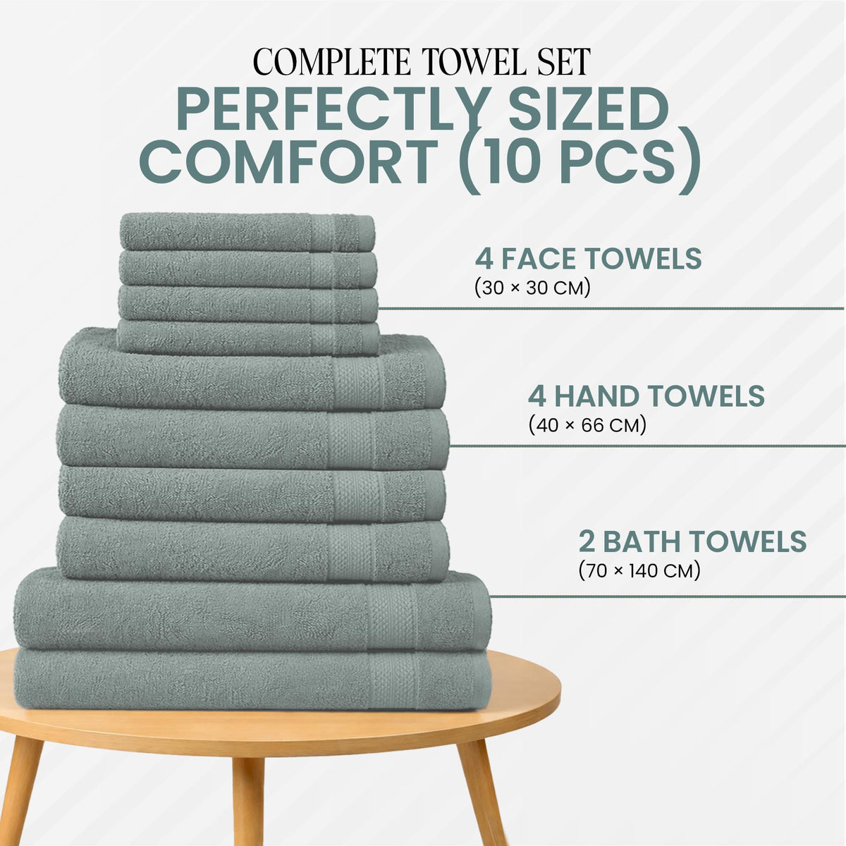 RAYMSTER 10 Piece Egyptian Cotton Towel Set - 2 Bath, 4 Face, & 4 Hand Towels Set for Daily Use - Soft, Highly Absorbent, Quick Dry, and Lightweight
