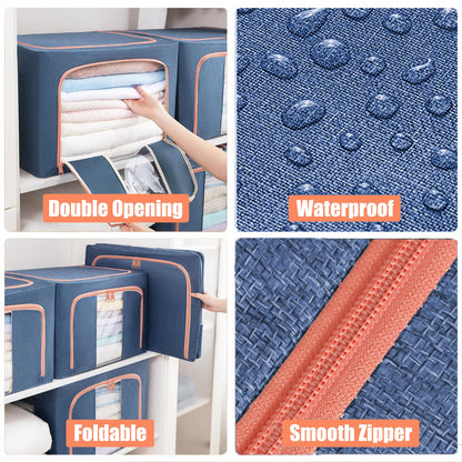KXF Clothes Wardrobe Storage Organiser Boxes 3 Packs Waterproof Stackable Foldable Oxford Cloth Steel Frame Closet Clothing Storage Bag Clear Window