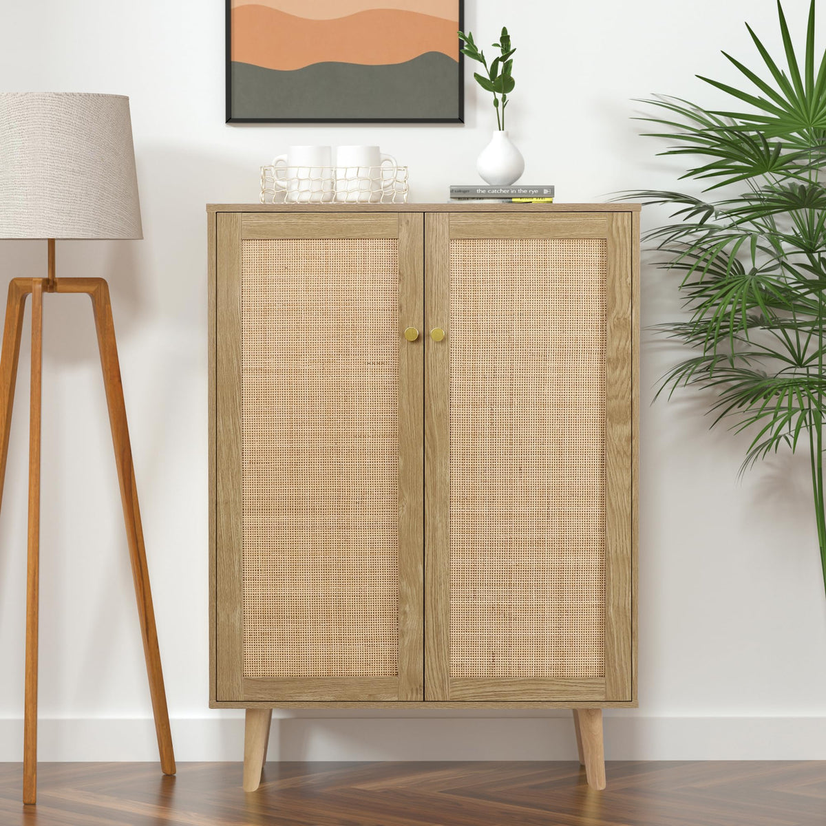 Skokliz Rattan Storage Cabinet with Doors, 44" H Tall Sideboard Storage with Adjustable Shelves