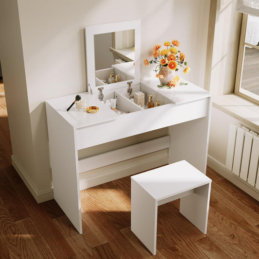 ELEGANT Dressing Table Set with Flip-Up Mirror & Stool, Vanity Makeup Desk with Hidden Cosmetics Storage for Women & Girls? Bedrooms, Convertible