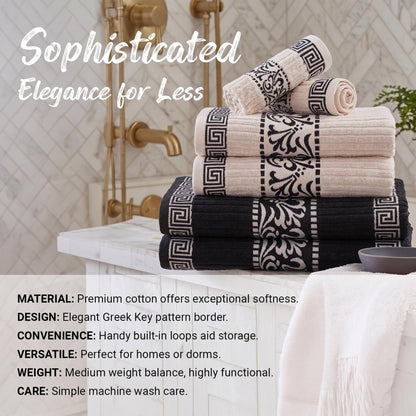 Superior Decorative 4-Piece Bath Towel Set, Greek/Floral Decor for Bathroom, Guest Bath, Spa, Household Essentials, Premium Absorbent Cotton