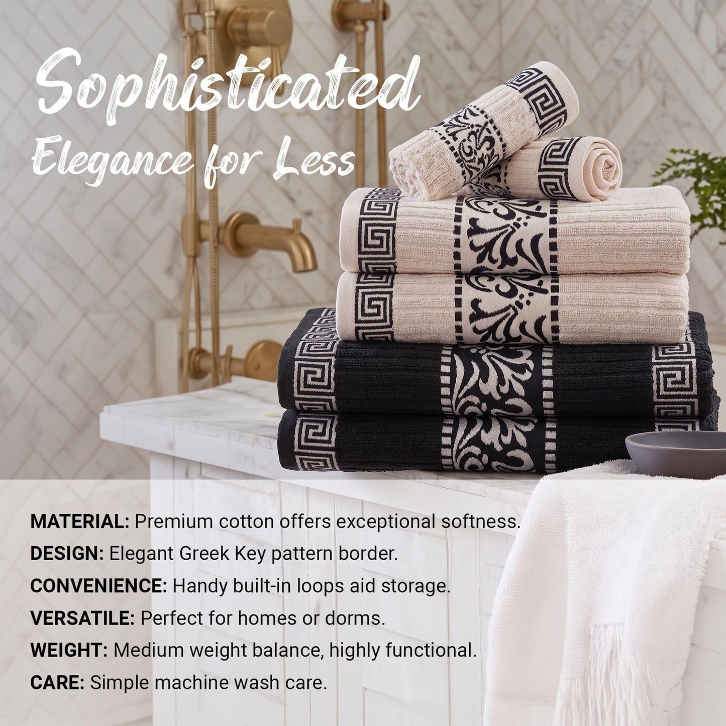 Superior 8 Piece Cotton Towels, Highly-Absorbent Plush Decorative Bohemian, Greek Key Trim Jacquard Dobby Border, Face Towels 13” x 13”