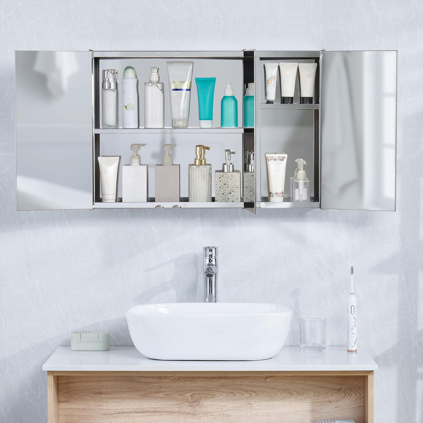 Bath Vida Tiano Triple-Mirror Bathroom Cabinet Wall-Mounted Stainless Steel Modern Storage Cupboard (No Assembly Required)