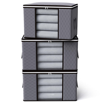 90L Storage Bags with Lid and Zips,3 Pack Foldable Storage Box with Reinforced Handle Thick Fabric Clear Window for Clothing Bedding Blankets, Grey