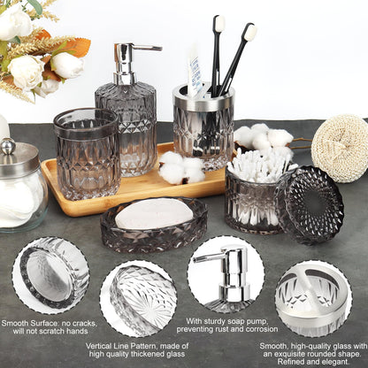 Glass Bathroom Accessories Set of 5, Gradient Smoke Gray Organizer Kit