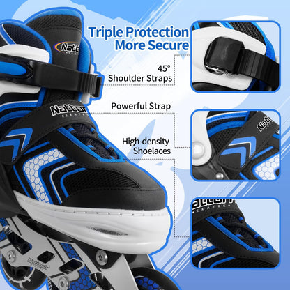 Nattork Boys Roller Skates with Full Light up Wheels, Adjustable Beginner Inline Skates for Boys Big Kids, Blue, Kids Size 1-3 1 2 3