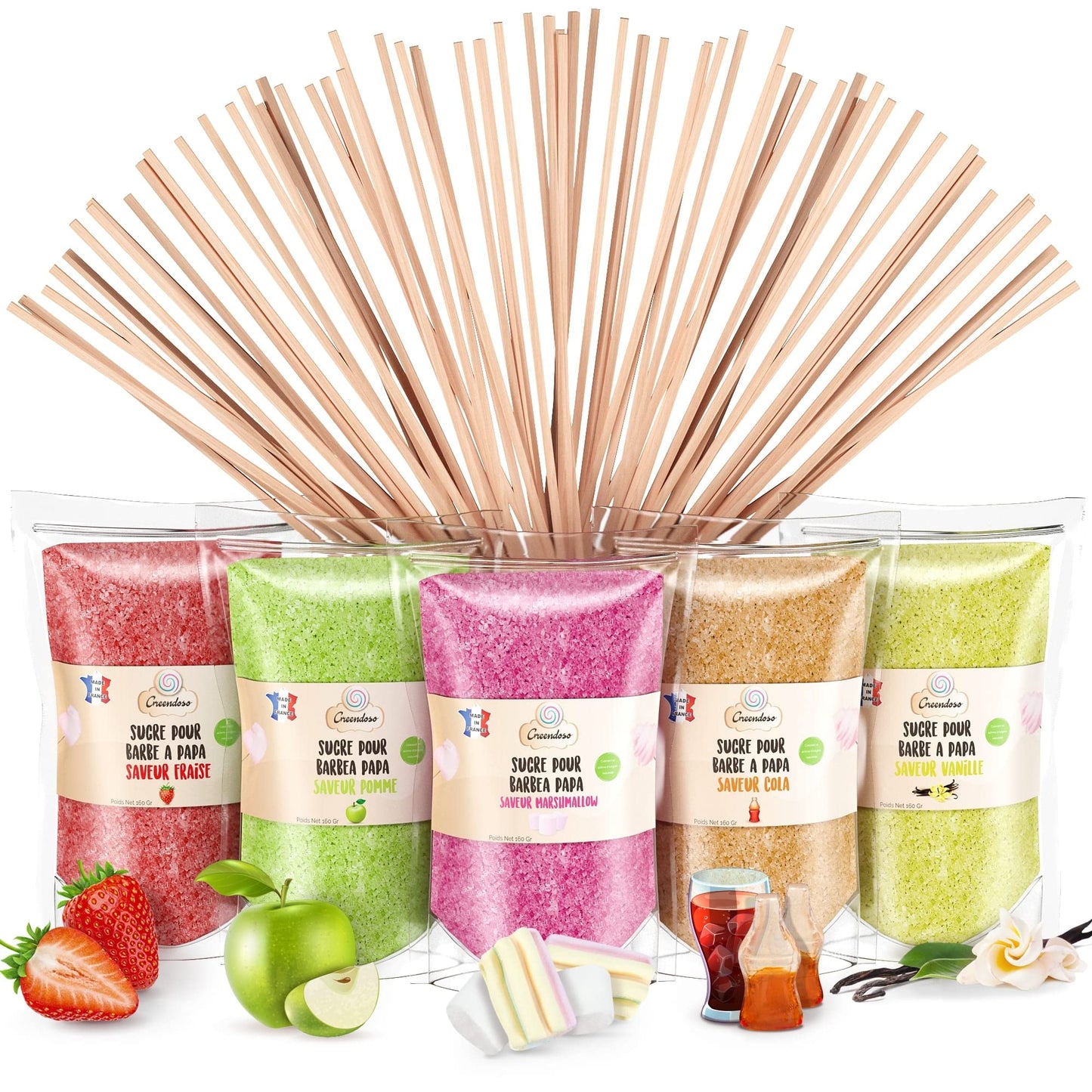 GREENDOSO? Candy Floss Sugar For Machine (5x160g) - Pack of 5 Flavours (Strawberry/Cola/Apple/Marshmallow/Vanilla) - Natural Colourings & Flavours -