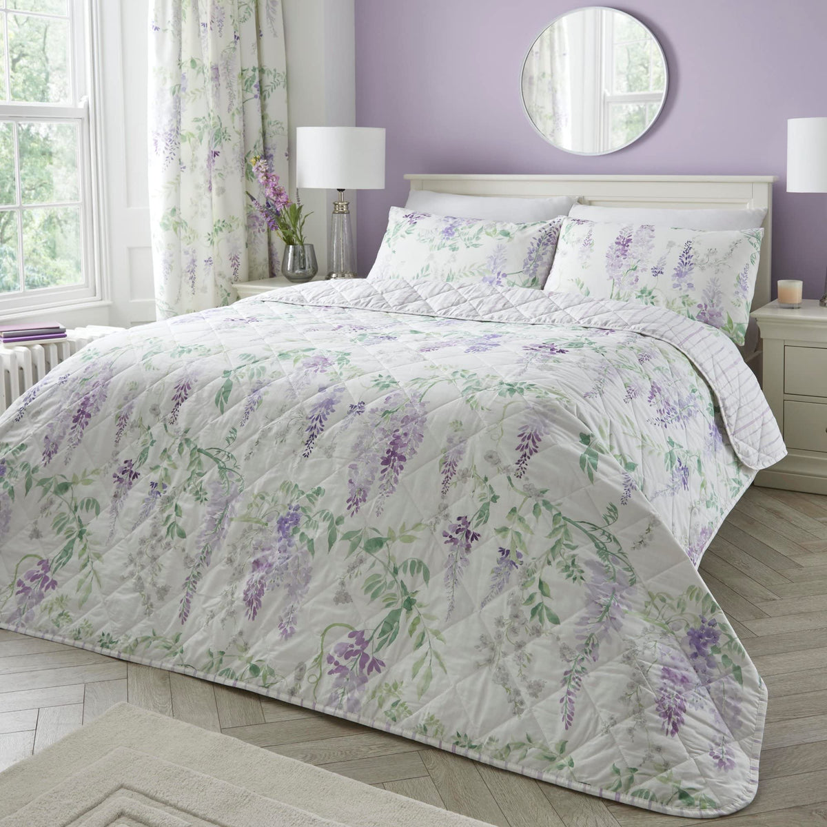 Dreams & Drapes - Purple Wisteria Bedspread (230cm X 200cm) - Soft Touch - Purple Floral Quilted Bedspreads - Lavender Floral Blanket/Bed Cover for