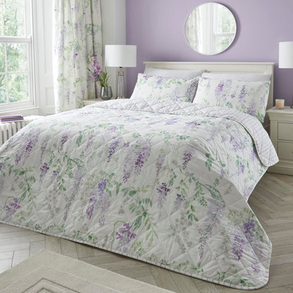 Dreams & Drapes - Purple Wisteria Bedspread (230cm X 200cm) - Soft Touch - Purple Floral Quilted Bedspreads - Lavender Floral Blanket/Bed Cover for