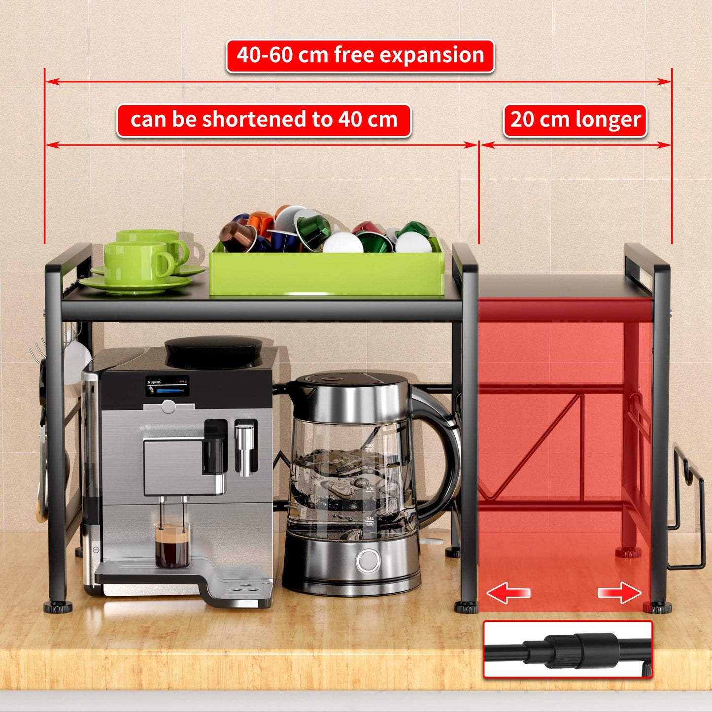EKNITEY Extendable Microwave Oven Rack - Adjustable Kitchen Counter Shelf, 2 Tier Microwave Stand (L15.7~23.6" xW12.8 xH17.7) with 6 Hooks for Kitchen