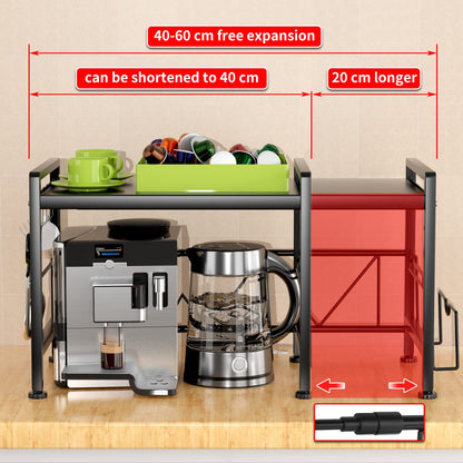 EKNITEY Extendable Microwave Oven Rack - Adjustable Kitchen Counter Shelf, 2 Tier Microwave Stand (L15.7~23.6" xW12.8 xH17.7) with 6 Hooks for Kitchen