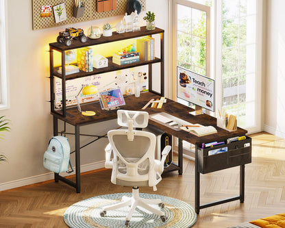 Coleshome L Shaped Gaming Desk with LED Lights & Power Outlet, Brown
