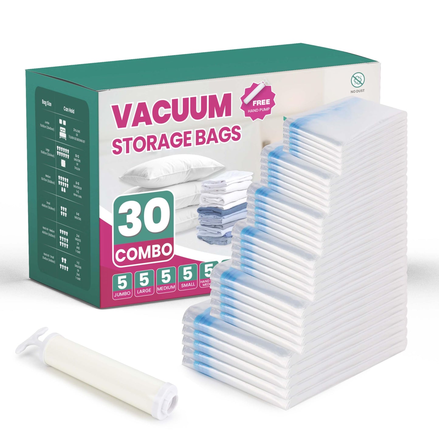 Simple Deluxe Vacuum Storage Bags 30 Pack Multi-Size Bundle | 6x Jumbo(70x100cm)/6x Large/6x Medium/6x Small/6x Roll-Up Bags with Hand Pump for