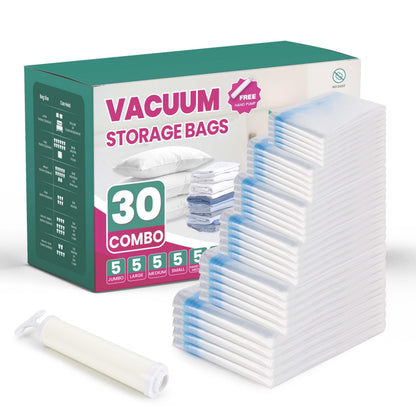 Simple Deluxe Vacuum Storage Bags 30 Pack Multi-Size Bundle | 6x Jumbo(70x100cm)/6x Large/6x Medium/6x Small/6x Roll-Up Bags with Hand Pump for
