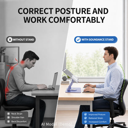 SOUNDANCE Laptop Stand with 360° Rotating Base, Ergonomic Computer Riser for Desk, Adjutable Height Muti-Angle, Foldable Laptop Mount