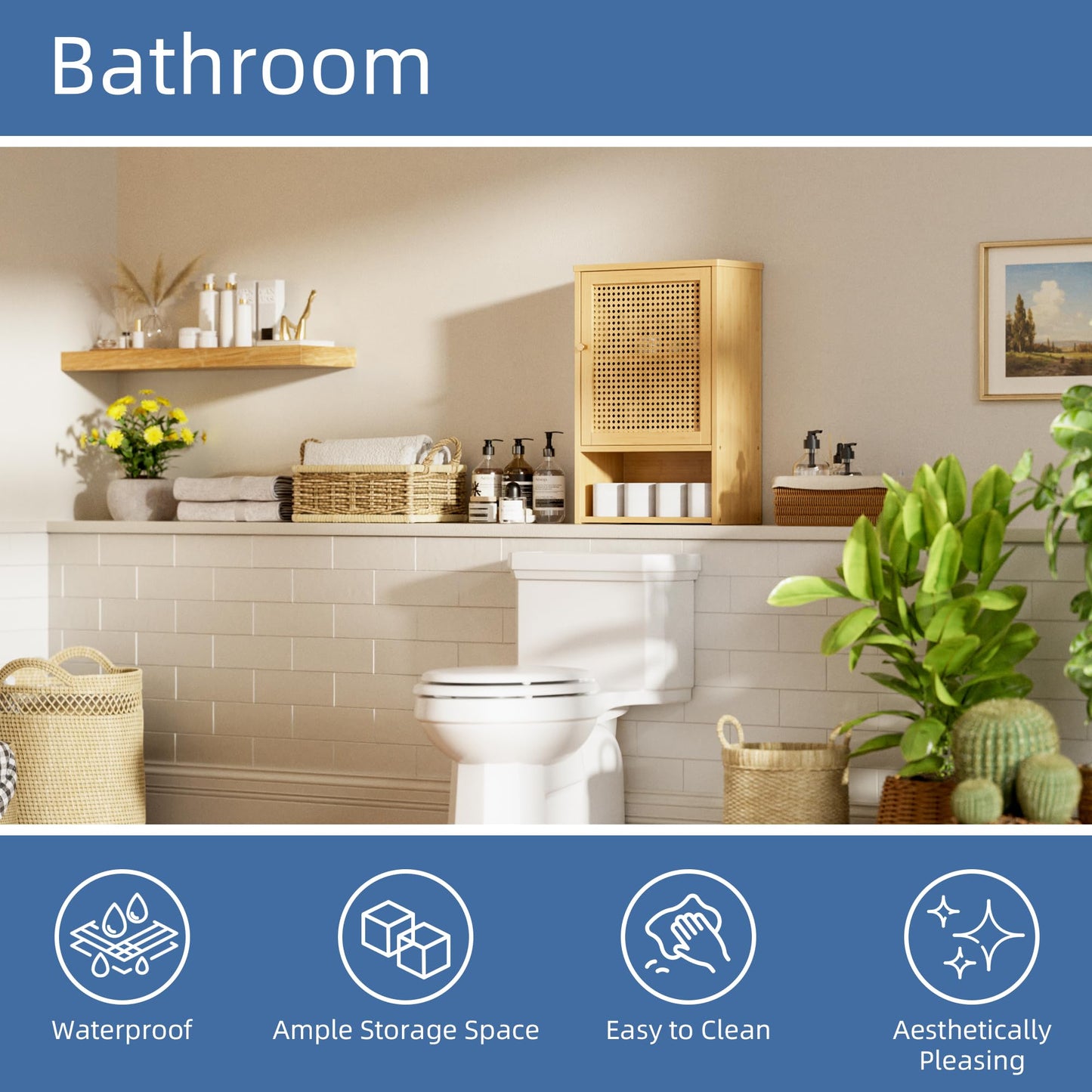 HITNET Bathroom Wall Cabinet, Rattan Medicine Cabinet, Bamboo Hanging Storage Organizer Over the Toilet with Adjustable Shelf for Living Room
