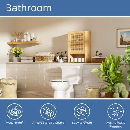HITNET Bathroom Wall Cabinet, Rattan Medicine Cabinet, Bamboo Hanging Storage Organizer Over the Toilet with Adjustable Shelf for Living Room