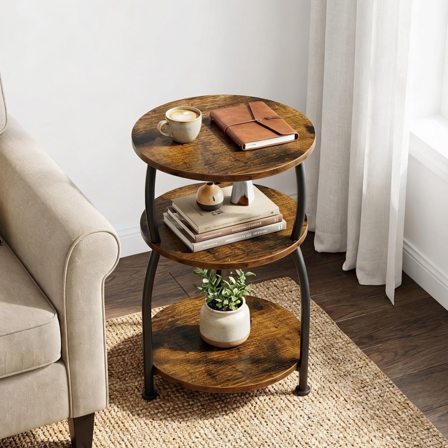 Yuede 3 Tier Side Table, Round Coffee Table, End Table with Storage Shelf, Bedside Table, for Living Room, Bedroom, Metal Frame, 40 x 61cm, Brown