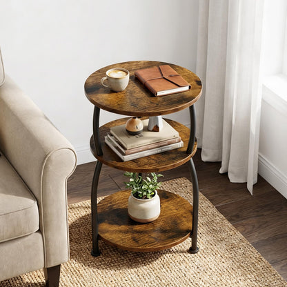 Yuede 3 Tier Side Table, Round Coffee Table, End Table with Storage Shelf, Bedside Table, for Living Room, Bedroom, Metal Frame, 40 x 61cm, Brown