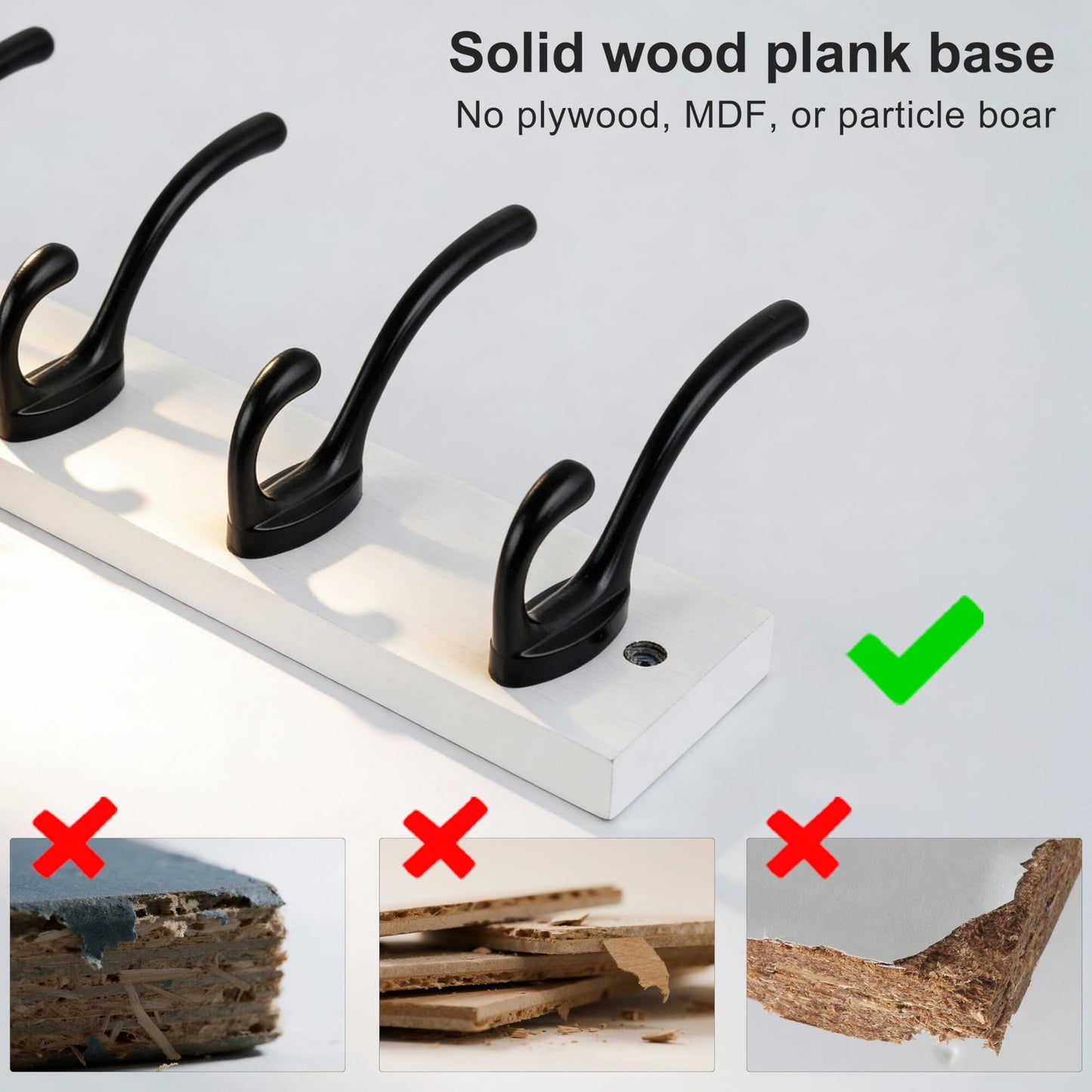 HONSKY Wall Coat Rack with 8 Double Hooks,Wooden Coat and Towel Hanger Storage for Entryway, Bathroom, Bedroom, Garage,White Base/Black Hook