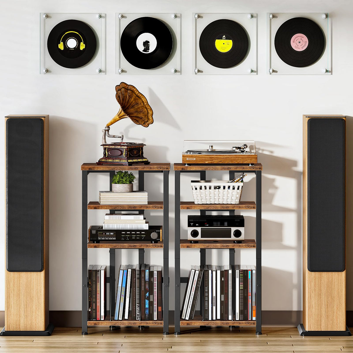 HOOBRO 4-Tier Record Player Stand, Vinyl Record Storage, Side Table, Turntable Stand for Audio Equipment, AV Media Stand for Living Room, Bedroom