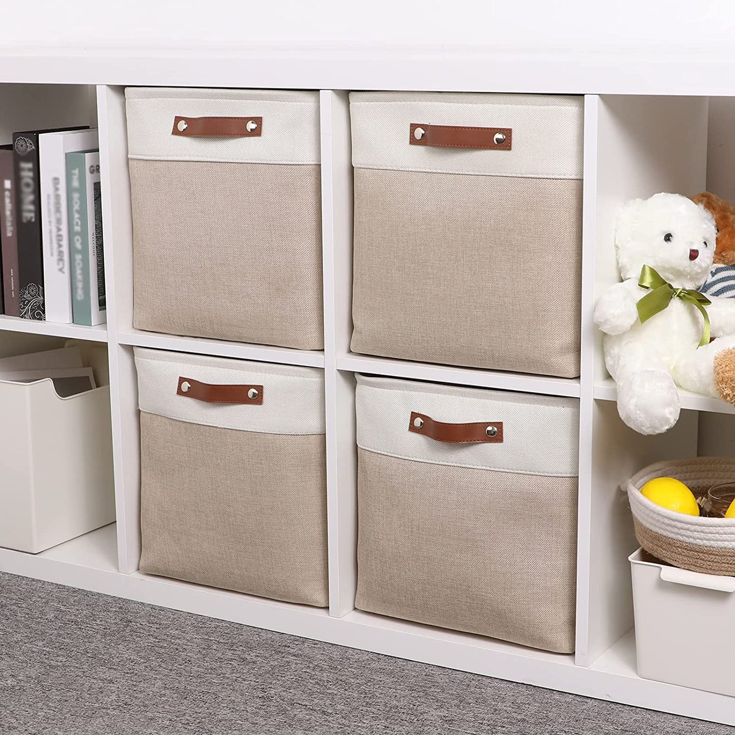 Mangata Collapsible Storage Cube Boxes, 33x38x33cm Linen Woven Fabric Storage Baskets with Leather Handles 4pcs (Light Khaki and White)