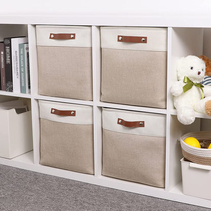 Mangata Collapsible Storage Cube Boxes, 33x38x33cm Linen Woven Fabric Storage Baskets with Leather Handles 4pcs (Light Khaki and White)
