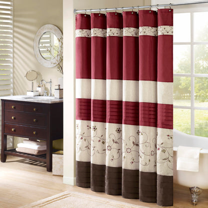 Madison Park Serene Flora Fabric Shower Curtain, mbroidered Transitional Shower Curtains for Bathroom, 72" x 72", Red