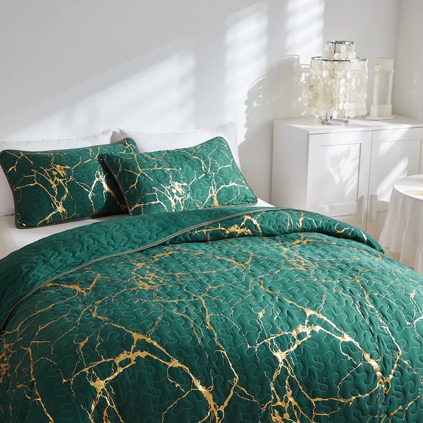 Bedspread King Size Green Quilted Bedspread Gold Marble Printed Luxury Soft Microfiber Bedspreads Coverlet All Season Bedding Set