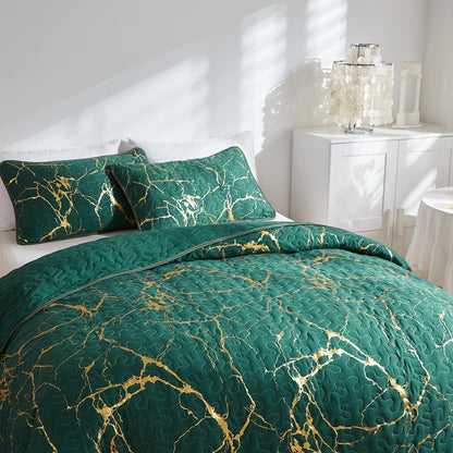Bedspread King Size Green Quilted Bedspread Gold Marble Printed Luxury Soft Microfiber Bedspreads Coverlet All Season Bedding Set