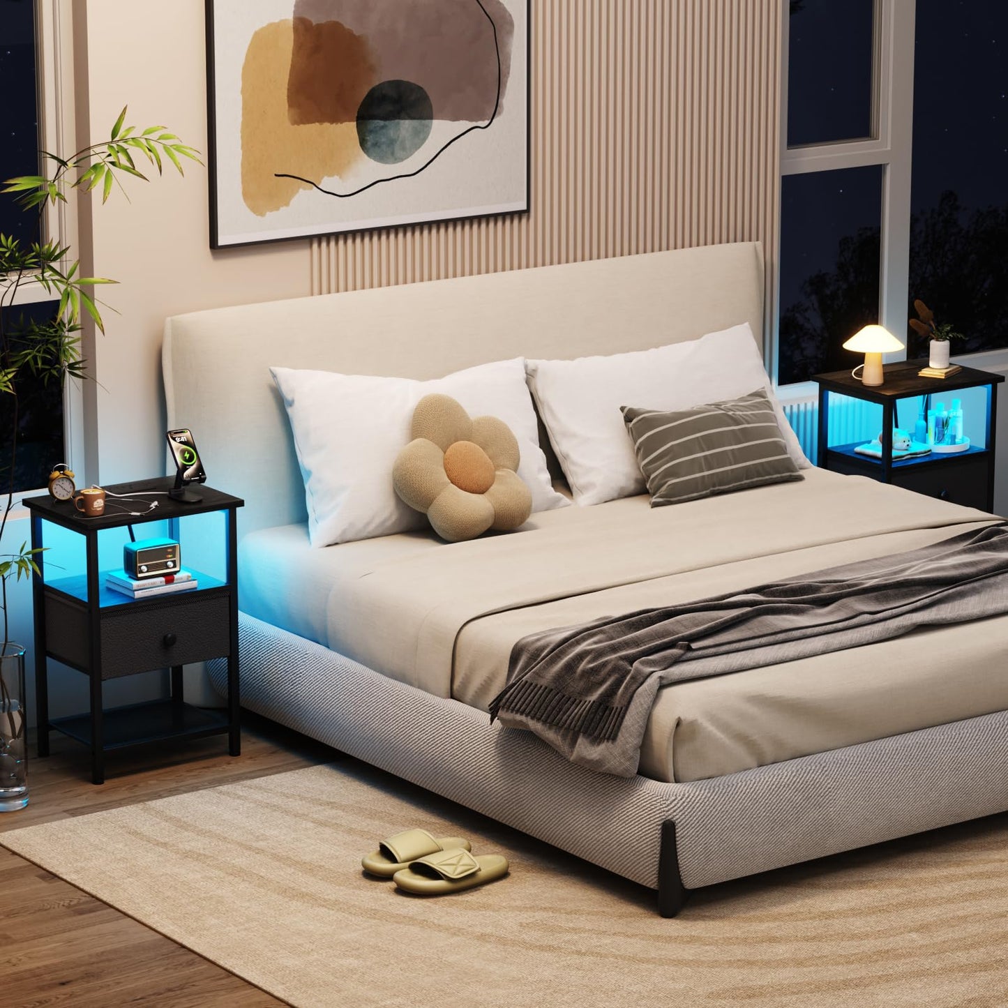 LOAKEKEL Bedside Table, Side Table with Charging Station, Bed Side Table