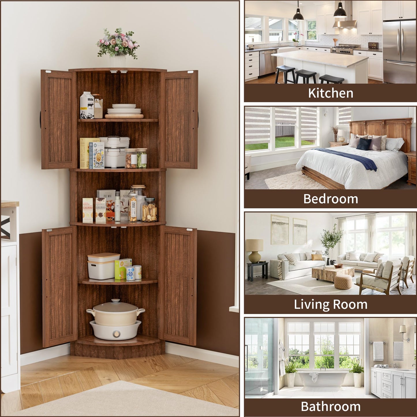 BonVache 165cm Tall Corner Storage Cabinet with Barn Doors, 5-Tier Tall Cupboards Cabinet for Living Room, 4 Wooden Doors and 5 Shelves