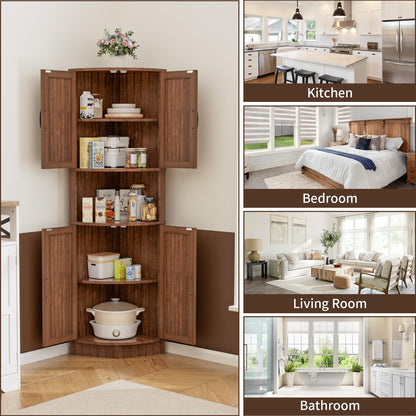 BonVache 165cm Tall Corner Storage Cabinet with Barn Doors, 5-Tier Tall Cupboards Cabinet for Living Room, 4 Wooden Doors and 5 Shelves